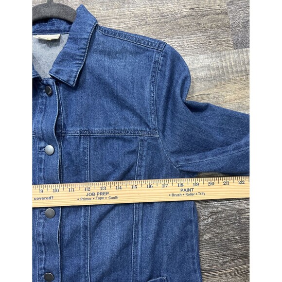 J Jill Denim Blue Jean Size Medium Fringe Trim Button 100% Cotton Shacket - Picture 11 of 12